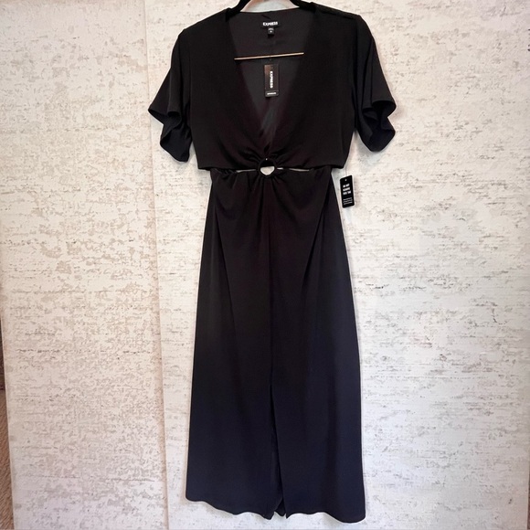 NWT Express Black 2-Piece Skirt Top Attached with O-ring Sz S Night Out V-Neck - Picture 1 of 16